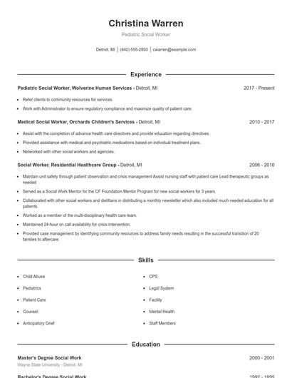 Pediatric Social Worker Resume