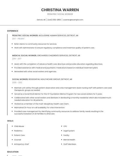 Pediatric Social Worker Resume