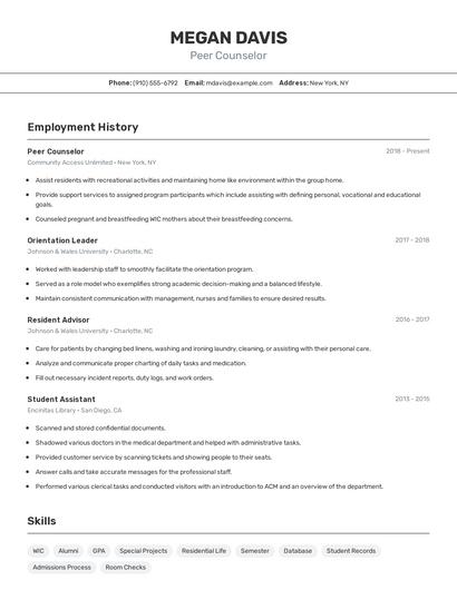 Peer Counselor Resume