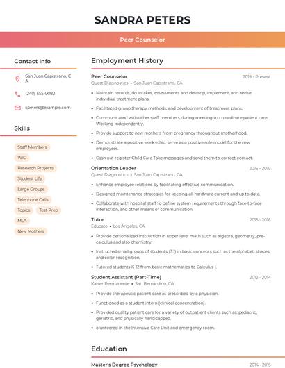 Peer Counselor Resume