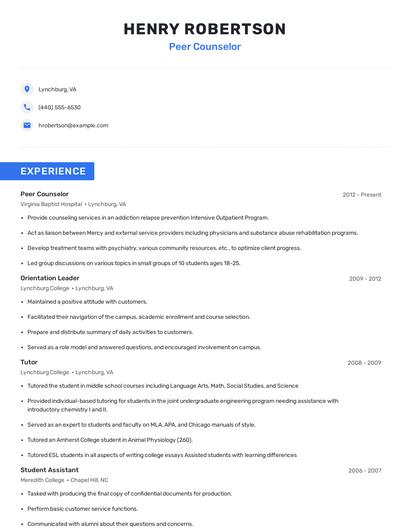 Peer Counselor Resume