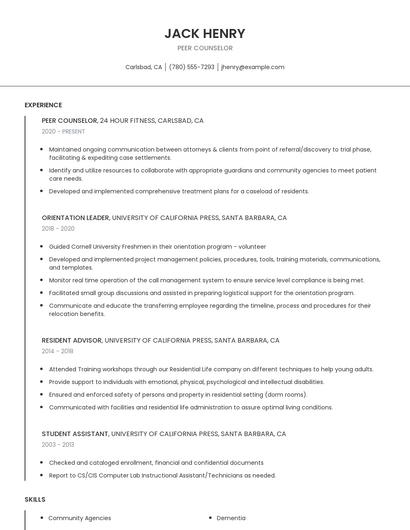 Peer Counselor Resume