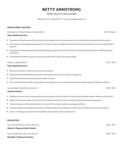 Peer Health Educator Resume