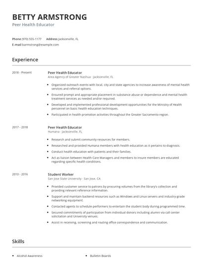 Peer Health Educator Resume