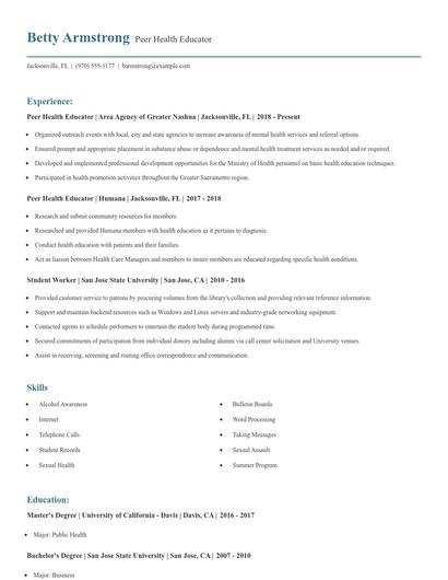 Peer Health Educator Resume