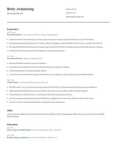 Peer Health Educator Resume