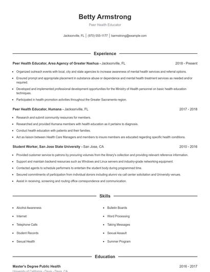 Peer Health Educator Resume