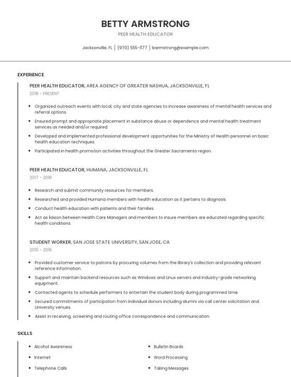Peer Health Educator Resume