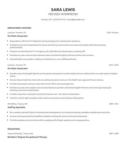 Per Diem Interpreter Resume