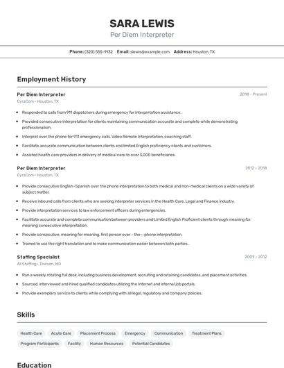 Per Diem Interpreter Resume