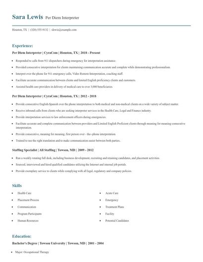 Per Diem Interpreter Resume