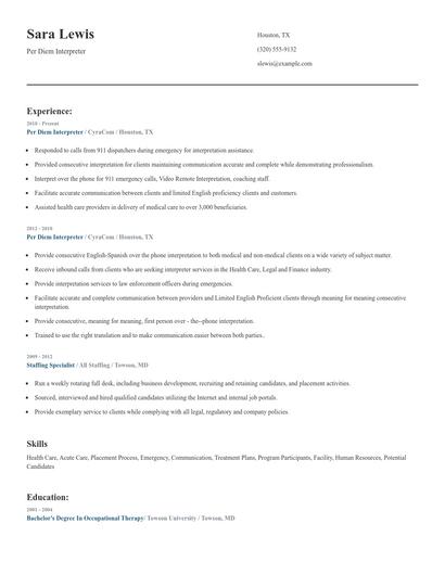 Per Diem Interpreter Resume