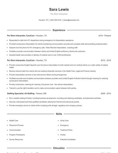 Per Diem Interpreter Resume