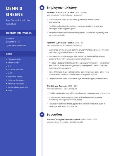 Per Diem Substitute Teacher Resume