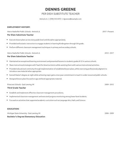 Per Diem Substitute Teacher Resume