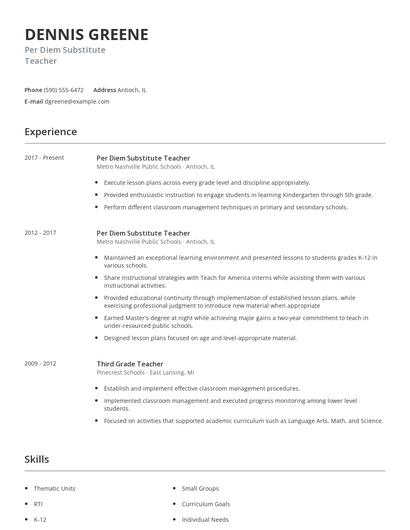 Per Diem Substitute Teacher Resume