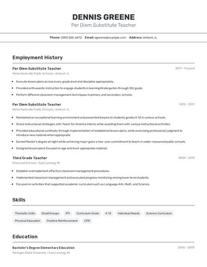 Per Diem Substitute Teacher Resume
