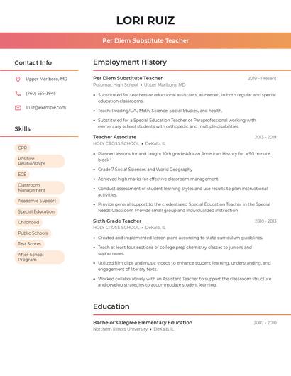 Per Diem Substitute Teacher Resume