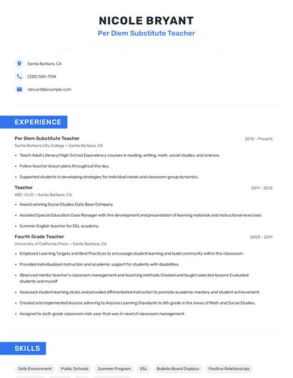 Per Diem Substitute Teacher Resume