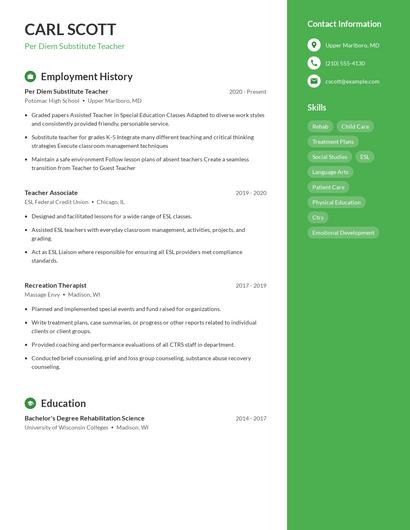 Per Diem Substitute Teacher Resume