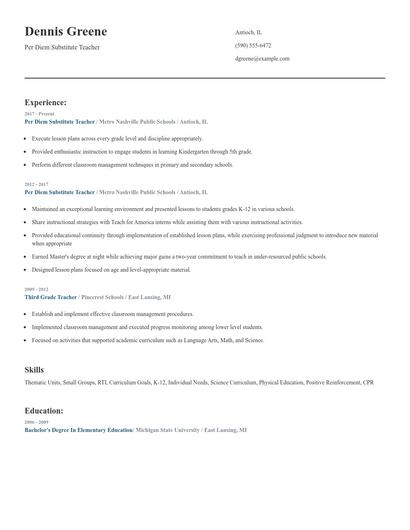 Per Diem Substitute Teacher Resume