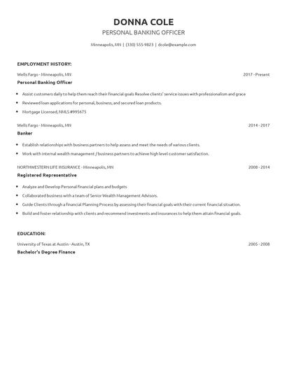 Personal Banking Officer Resume