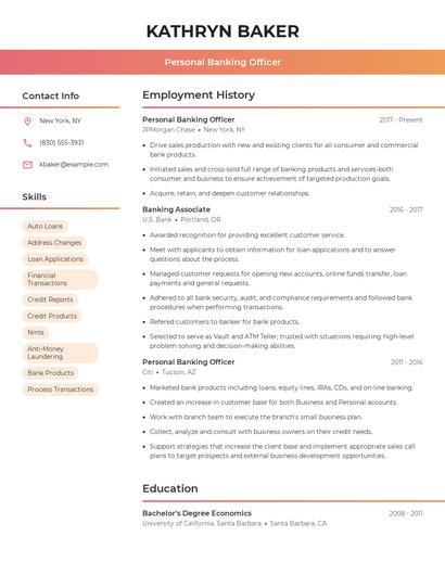 Personal Banking Officer Resume