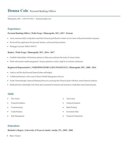 Personal Banking Officer Resume