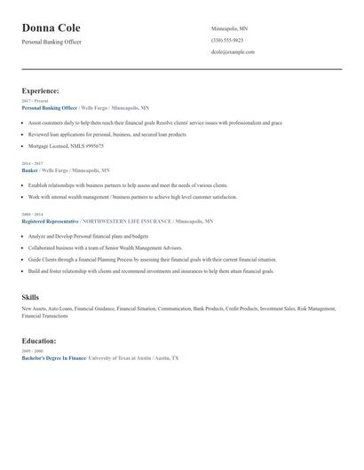Personal Banking Officer Resume