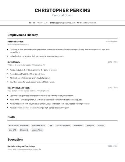 Personal Coach Resume