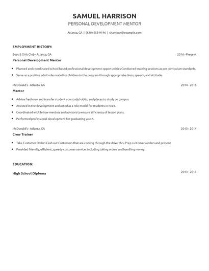 Personal Development Mentor Resume