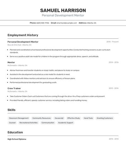 Personal Development Mentor Resume