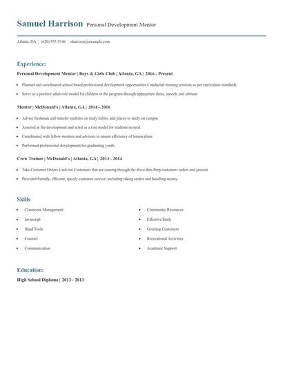 Personal Development Mentor Resume