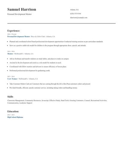 Personal Development Mentor Resume