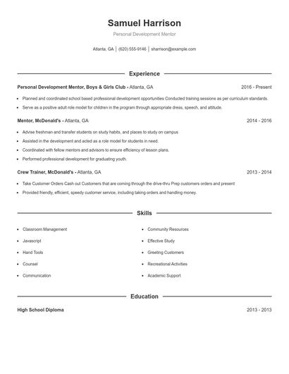 Personal Development Mentor Resume