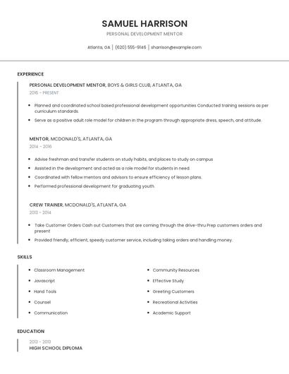 Personal Development Mentor Resume