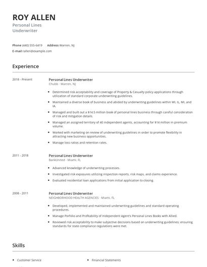 Personal Lines Underwriter Resume