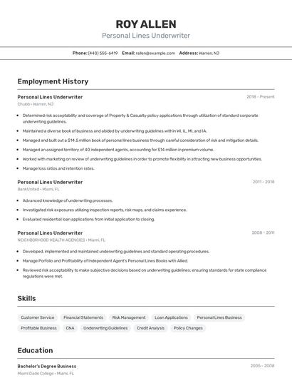 Personal Lines Underwriter Resume