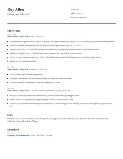 Personal Lines Underwriter Resume