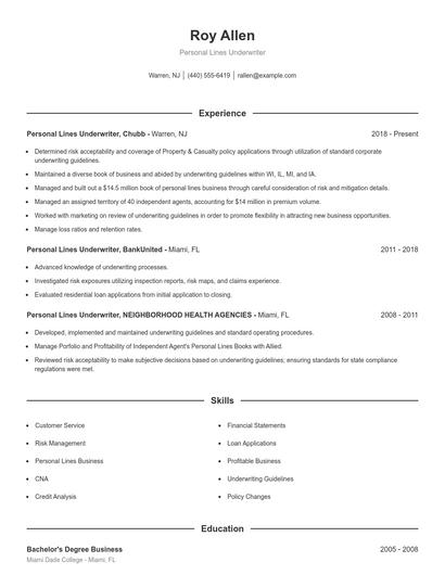 Personal Lines Underwriter Resume