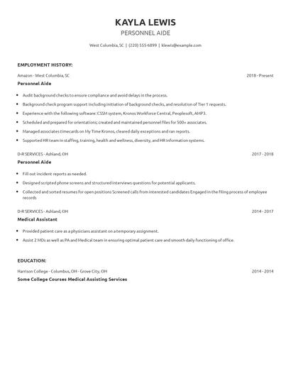 Personnel Aide Resume