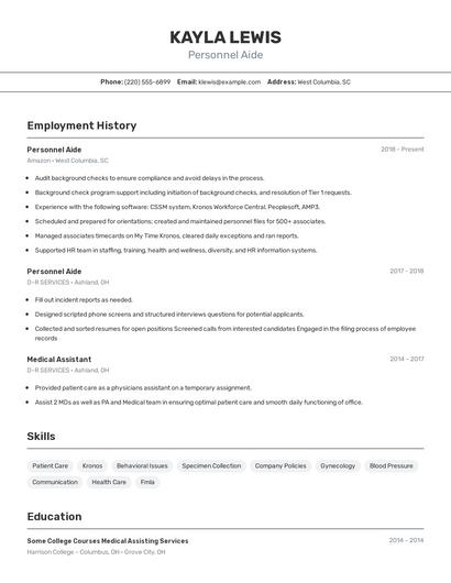 Personnel Aide Resume
