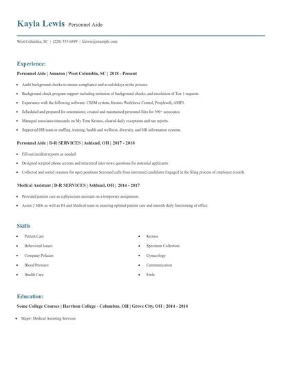 Personnel Aide Resume