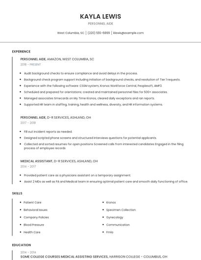 Personnel Aide Resume
