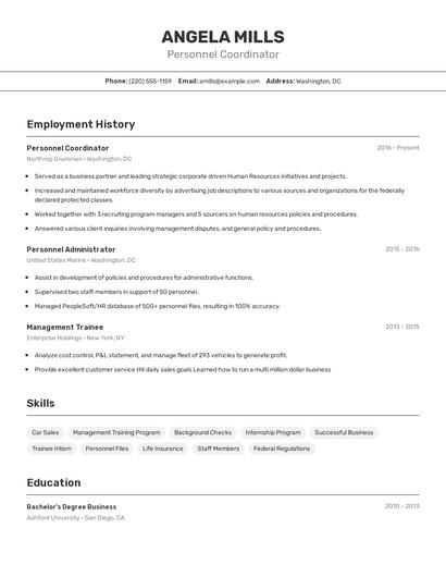 Personnel Coordinator Resume
