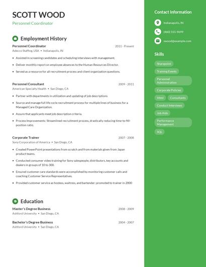 Personnel Coordinator Resume