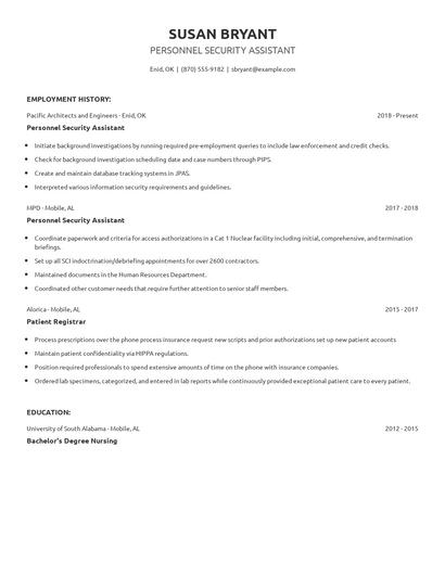 Personnel Security Assistant Resume