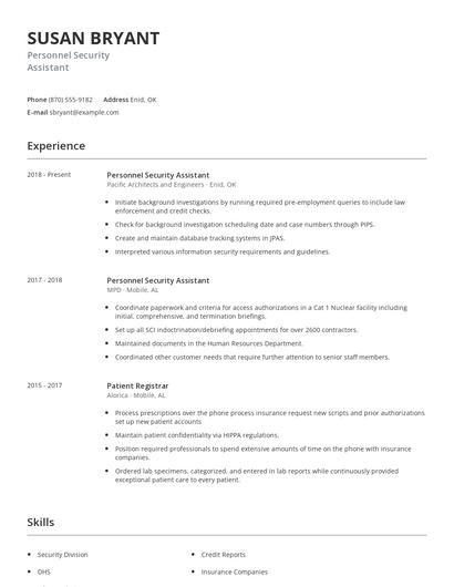 Personnel Security Assistant Resume