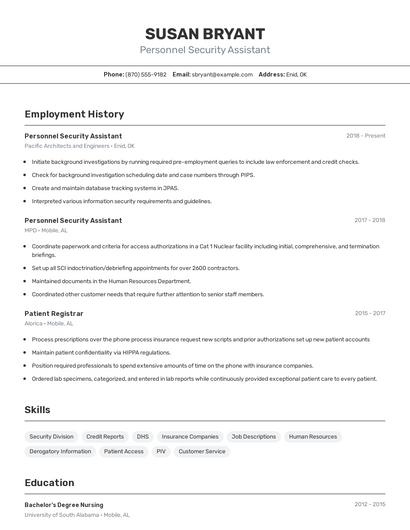 Personnel Security Assistant Resume