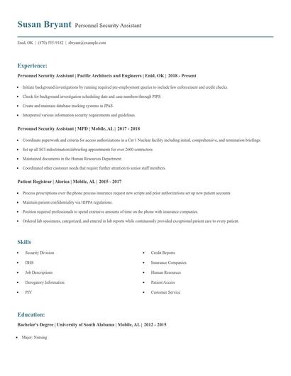 Personnel Security Assistant Resume